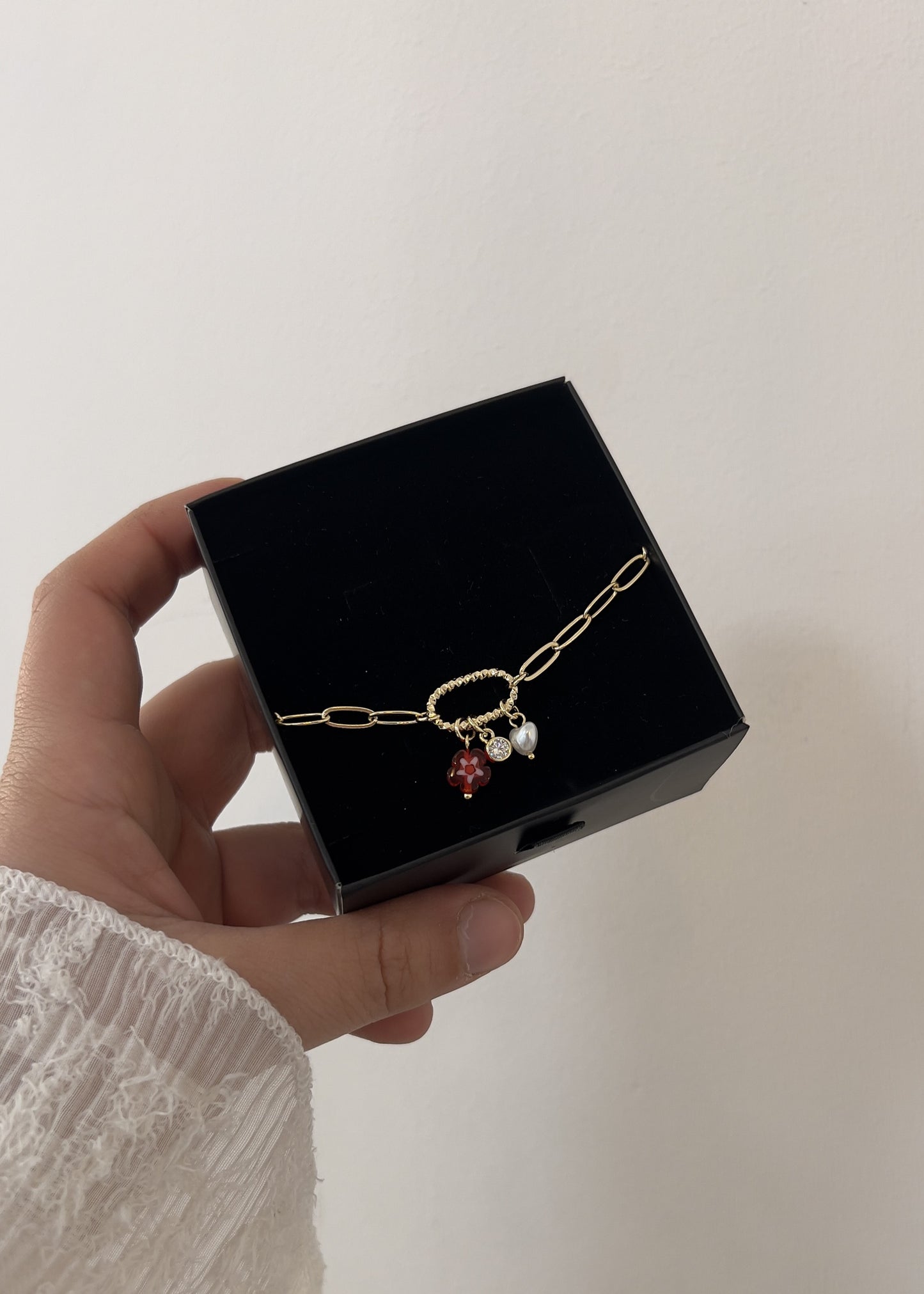 Red Flower and Pearl Armband